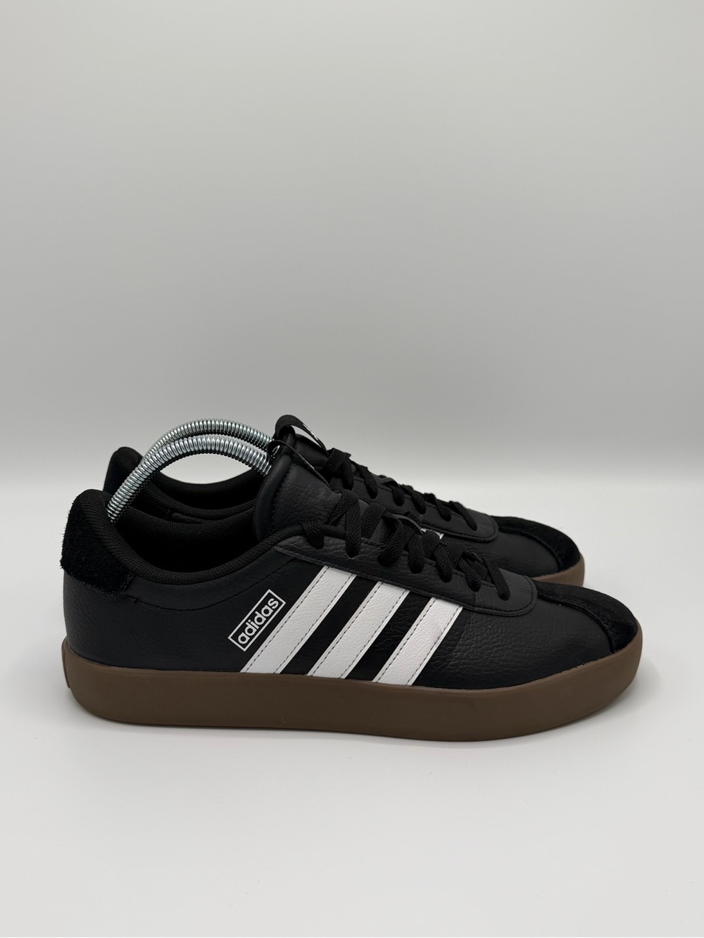 adidas Men’s Black Sneakers with White Stripes and Brown Gum Sole